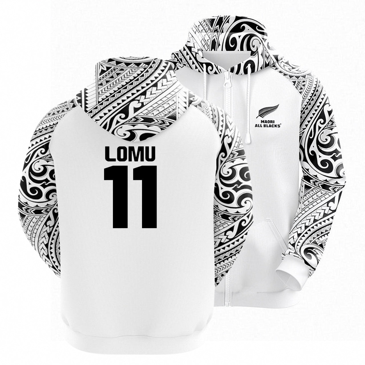 All Blacks Maori White Zipper Hoodie and Pants Personalised