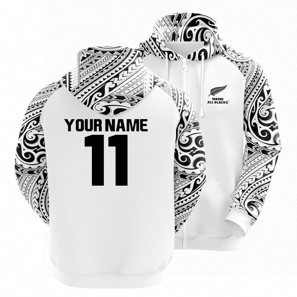All Blacks Maori White Zipper Hoodie and Pants Personalised