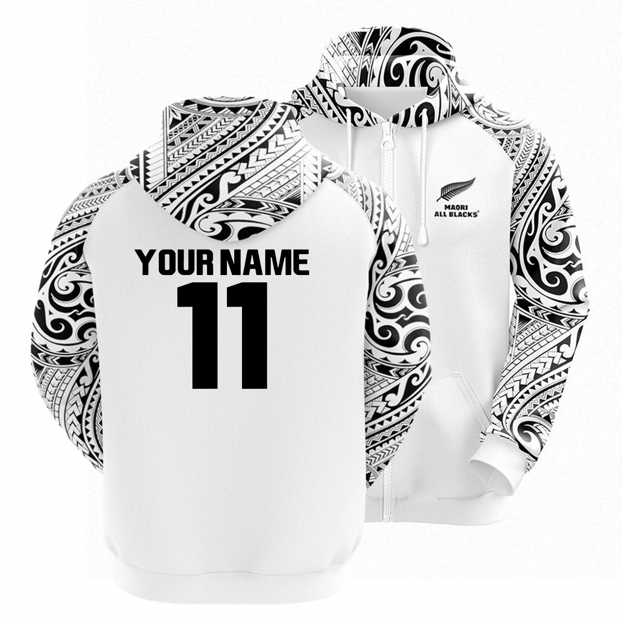 All Blacks Maori White Zipper Hoodie and Pants Personalised