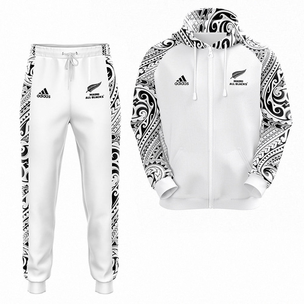 All Blacks Maori White Zipper Hoodie and Pants Personalised